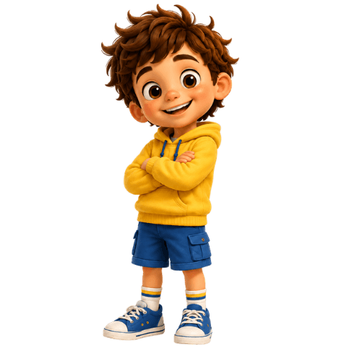 Olli standing with his arms crossed and a wide grin, wearing a yellow hoodie with blue drawstrings, blue cargo shorts, striped socks and blue-and-white sneakers