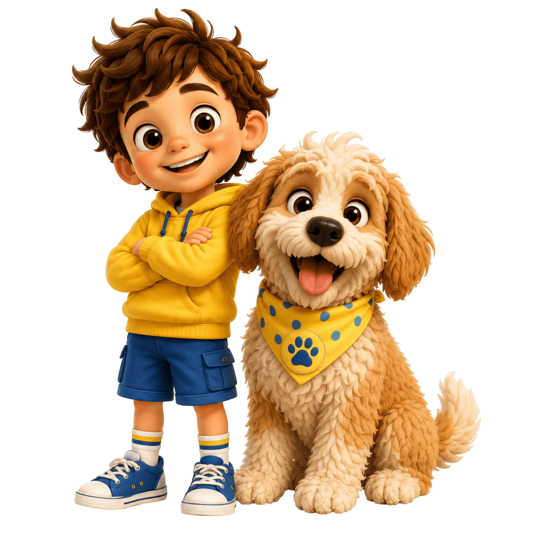 Olli, a young boy in a yellow hoodie, standing with his arm around Skip, a cream and apricot goldendoodle in a yellow bandana
