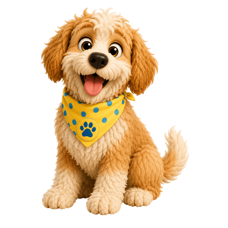 Skip the goldendoodle sitting and smiling, cream and apricot curly coat, white blaze down the centre of his face, floppy apricot ears, wearing a yellow bandana with blue dots and a blue paw badge